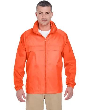 8929 UltraClub® Adult Hooded Nylon Zip-Front Pack BRIGHT ORANGE front view