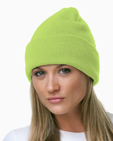 3825 Bayside Knit Cuff Beanie in Lime green front view