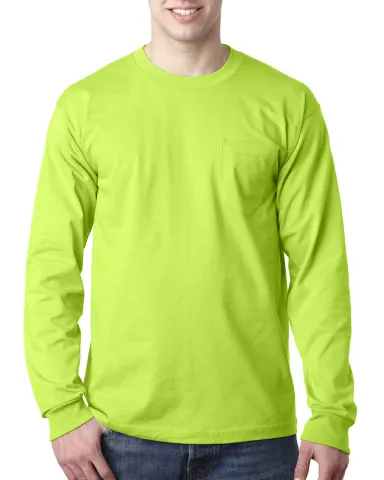 8100 Bayside Adult Long-Sleeve Cotton Tee with Poc in Lime green front view