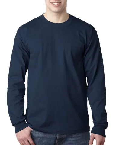8100 Bayside Adult Long-Sleeve Cotton Tee with Poc in Navy front view
