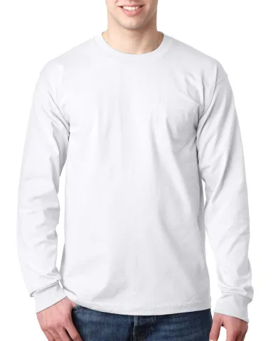 8100 Bayside Adult Long-Sleeve Cotton Tee with Poc in White front view