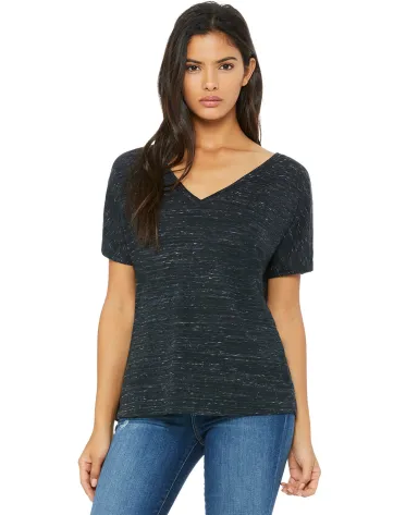 BELLA 8815 Womens Flowy V-Neck T-shirt in Black marble front view