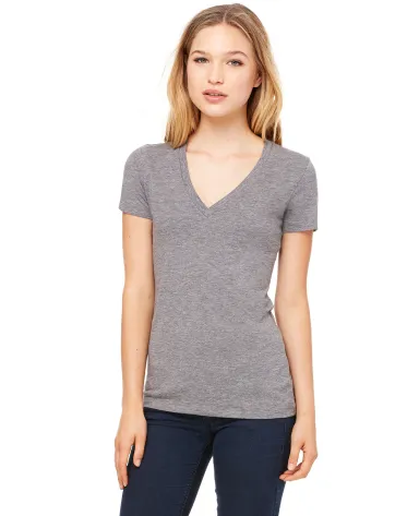 BELLA 8435 Womens Fitted Tri-blend Deep V T-shirt in Grey triblend front view