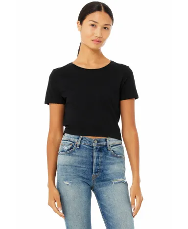 BELLA 6681 Womens Poly-Cotton Crop Top in Black front view
