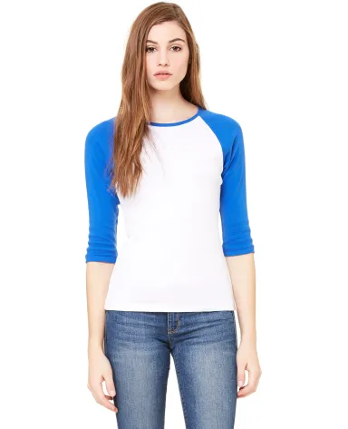 Bella 2000 Ladies Ribbed 3/4 Sleeve Baseball Tee B in White/ tr royal front view