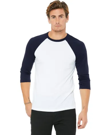 BELLA+CANVAS 3200 Unisex Baseball Tee in White/ navy front view