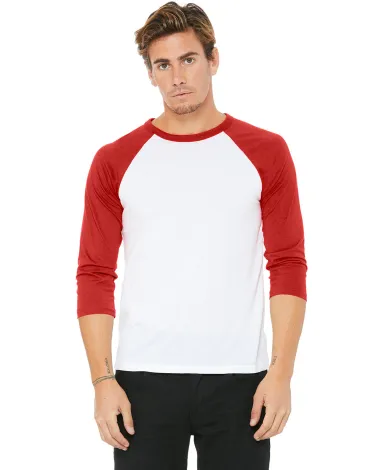 BELLA+CANVAS 3200 Unisex Baseball Tee in White/ red front view