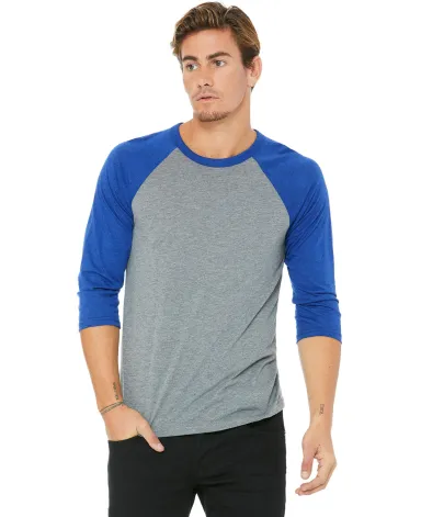 BELLA+CANVAS 3200 Unisex Baseball Tee in Gry/ t ry trblnd front view