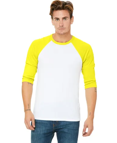BELLA+CANVAS 3200 Unisex Baseball Tee in Wht/ neon yellow front view