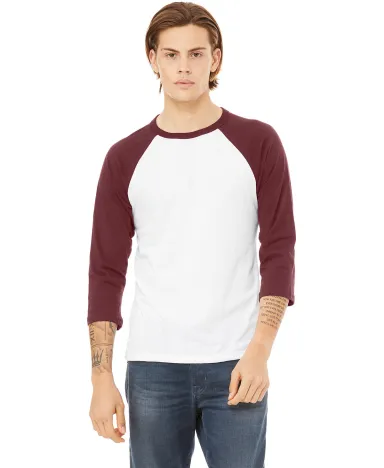 BELLA+CANVAS 3200 Unisex Baseball Tee in White/ maroon front view