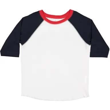 3330 Rabbit Skins Toddler Baseball Raglan in White/ navy/ red front view