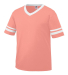 Augusta Sportswear 361 Youth V-Neck Football Tee in Coral/ white side view